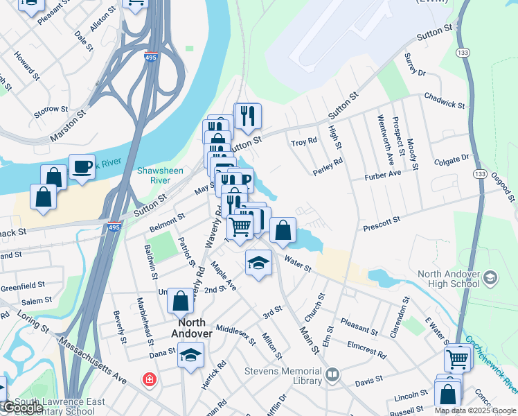 map of restaurants, bars, coffee shops, grocery stores, and more near 67 Saunders Street in North Andover