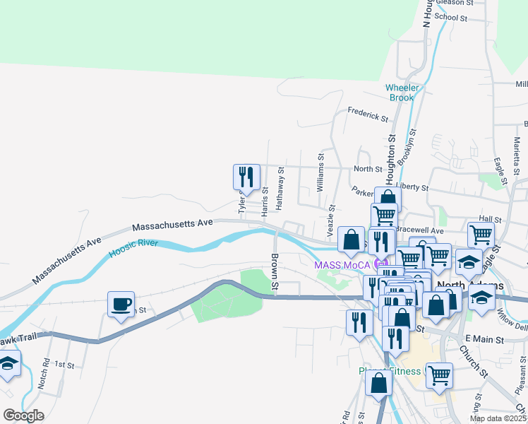 map of restaurants, bars, coffee shops, grocery stores, and more near 155 Adams Street in North Adams
