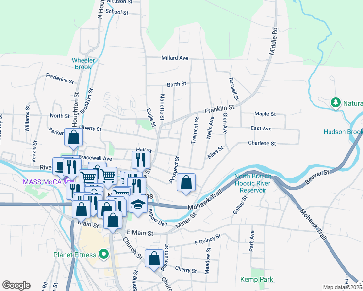 map of restaurants, bars, coffee shops, grocery stores, and more near 136 Prospect Street in North Adams