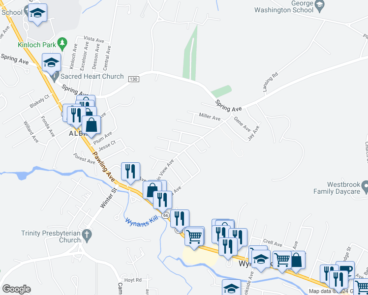 map of restaurants, bars, coffee shops, grocery stores, and more near 42 Mountain View Avenue in Troy