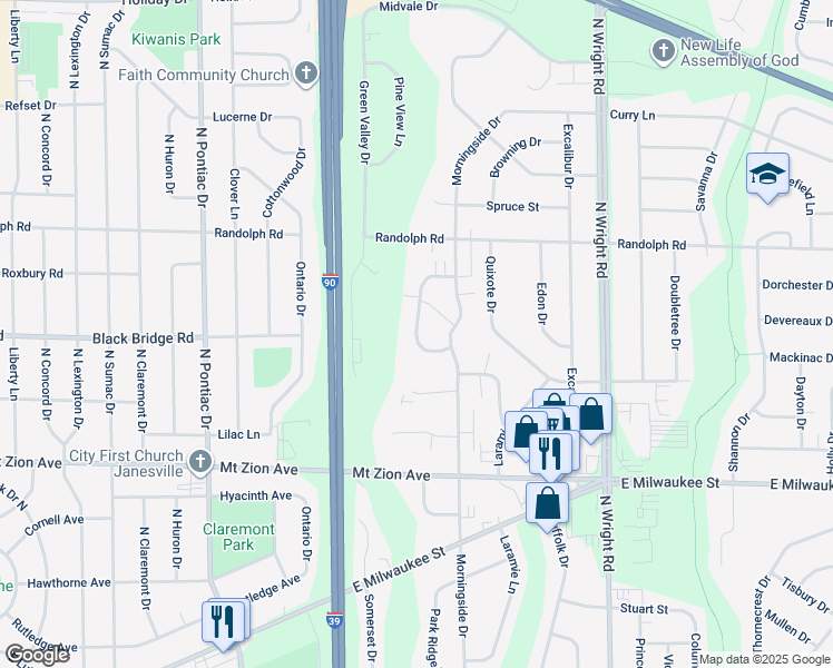 map of restaurants, bars, coffee shops, grocery stores, and more near 1629 Green Forest Run in Janesville