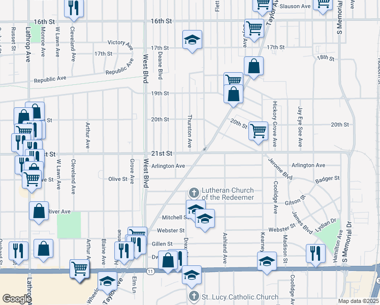 map of restaurants, bars, coffee shops, grocery stores, and more near 2800 21st Street in Racine