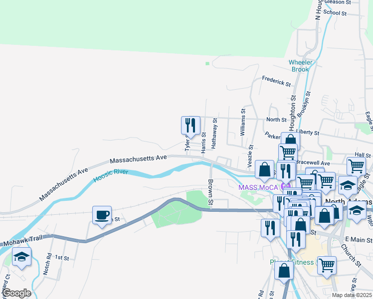 map of restaurants, bars, coffee shops, grocery stores, and more near 18 Adams St in North Adams