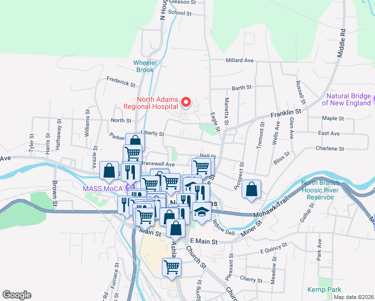 map of restaurants, bars, coffee shops, grocery stores, and more near 89 Bracewell Avenue in North Adams