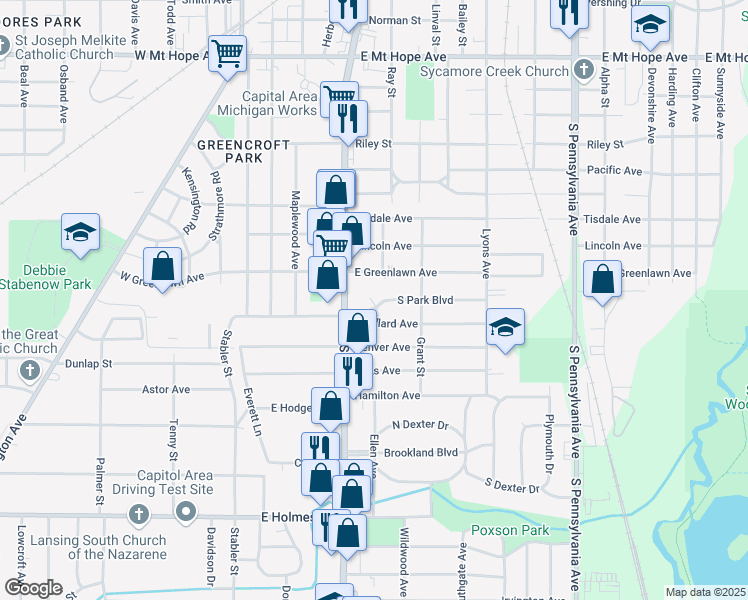 map of restaurants, bars, coffee shops, grocery stores, and more near 535 Park Boulevard in Lansing