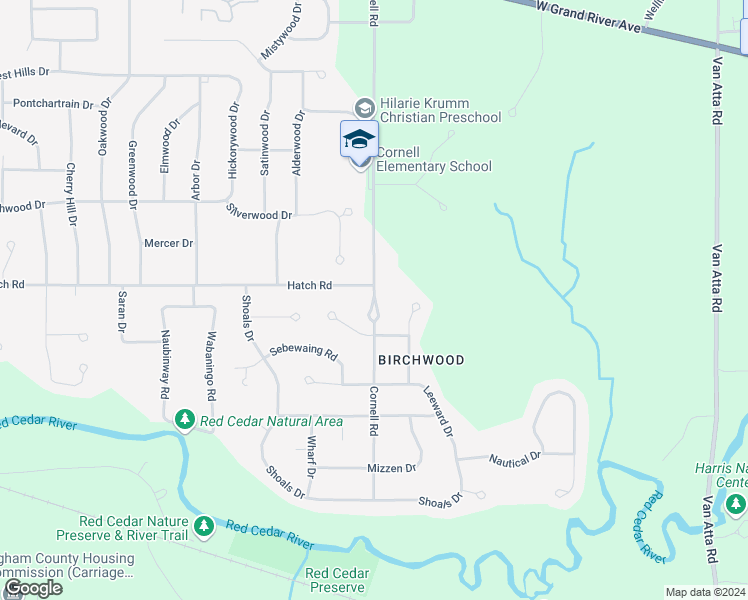 map of restaurants, bars, coffee shops, grocery stores, and more near 4271 Cornell Road in Meridian charter Township