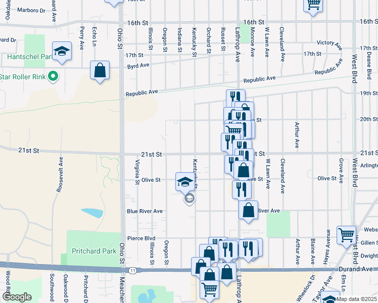 map of restaurants, bars, coffee shops, grocery stores, and more near 4212 21st Street in Racine