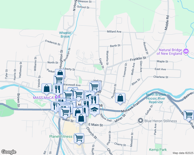 map of restaurants, bars, coffee shops, grocery stores, and more near 35-37 Liberty Street in North Adams