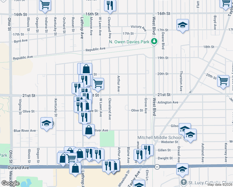 map of restaurants, bars, coffee shops, grocery stores, and more near 2041 Cleveland Avenue in Racine