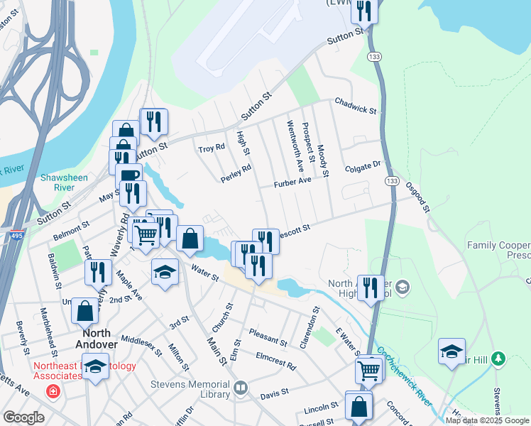 map of restaurants, bars, coffee shops, grocery stores, and more near 90 High Street in North Andover