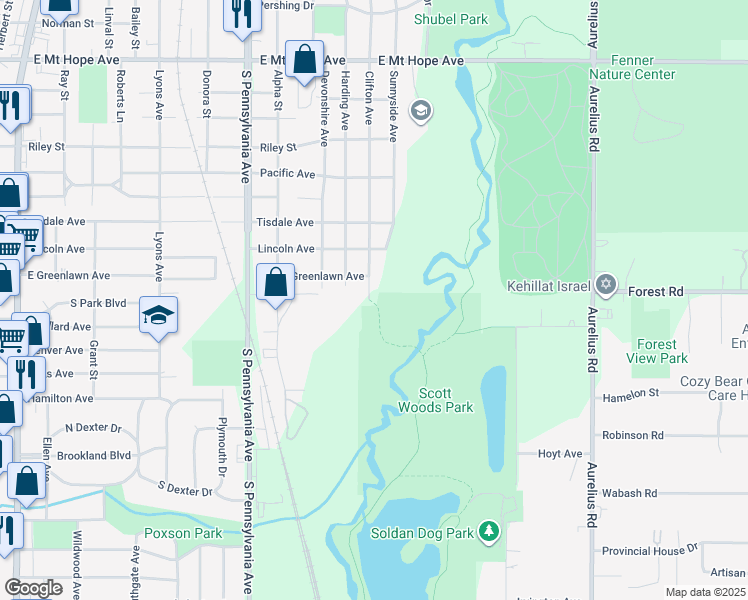 map of restaurants, bars, coffee shops, grocery stores, and more near in Lansing
