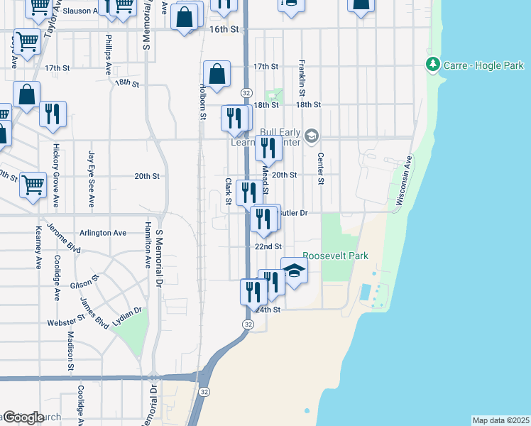 map of restaurants, bars, coffee shops, grocery stores, and more near 21st St & Mead St in Racine