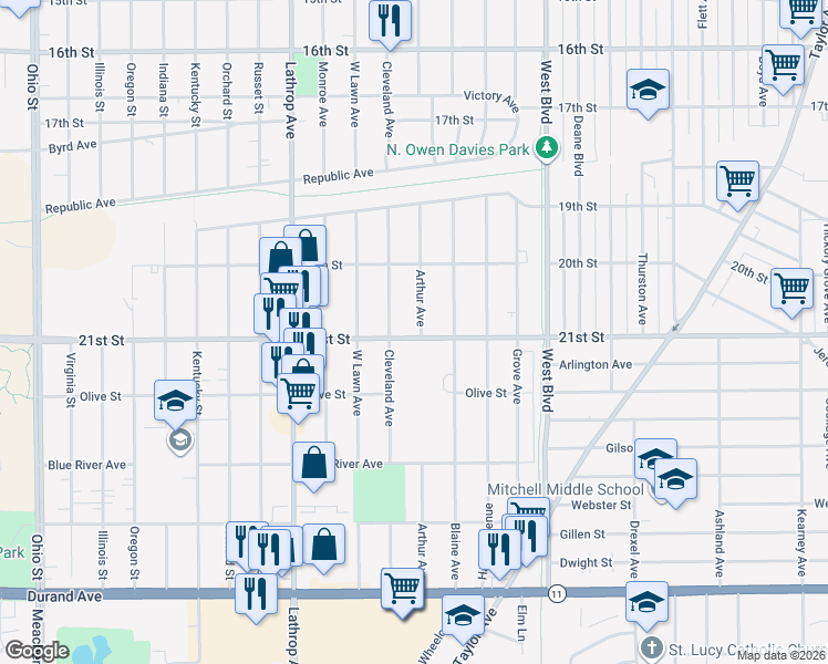map of restaurants, bars, coffee shops, grocery stores, and more near 2041 Cleveland Avenue in Racine