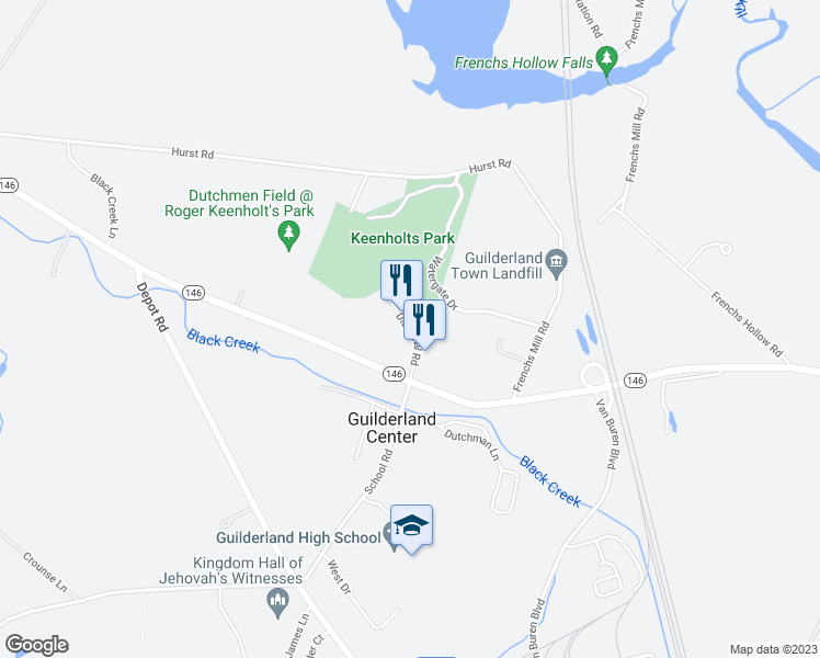 map of restaurants, bars, coffee shops, grocery stores, and more near Diagonal Road in Guilderland Center
