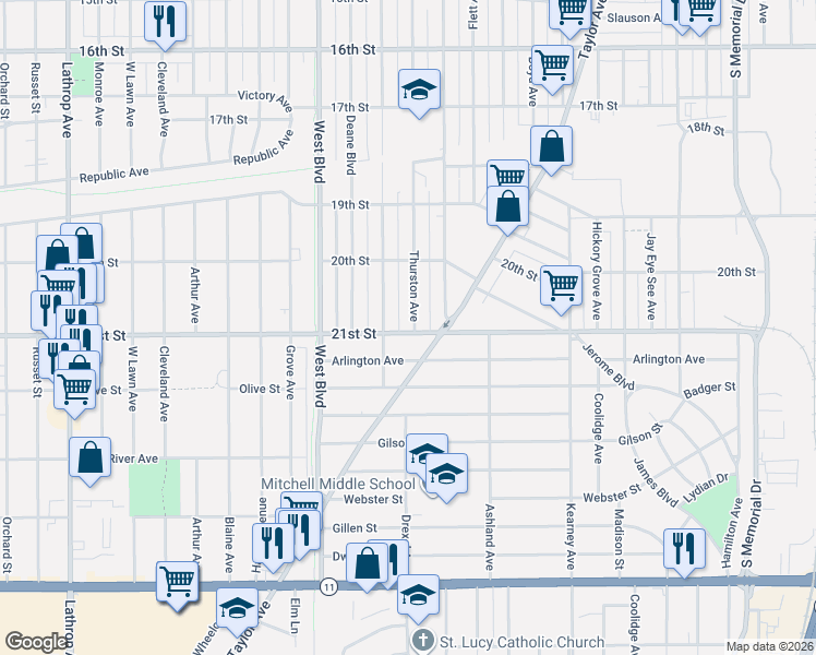 map of restaurants, bars, coffee shops, grocery stores, and more near 2068 Thurston Avenue in Racine