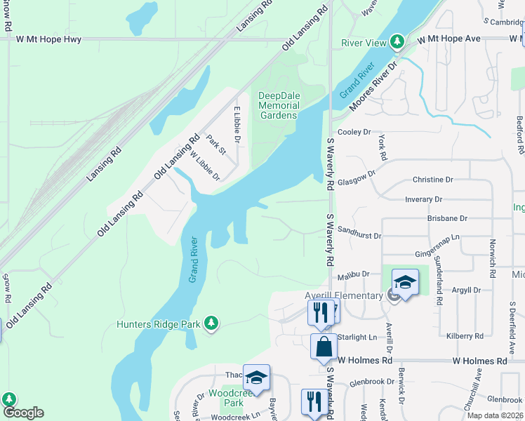 map of restaurants, bars, coffee shops, grocery stores, and more near 6 Locust Lane in Lansing