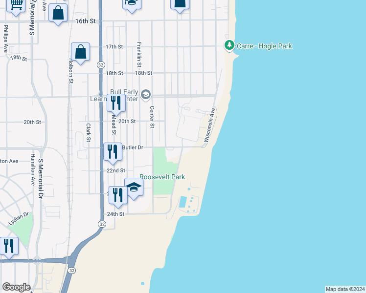 map of restaurants, bars, coffee shops, grocery stores, and more near 600 21st Street in Racine