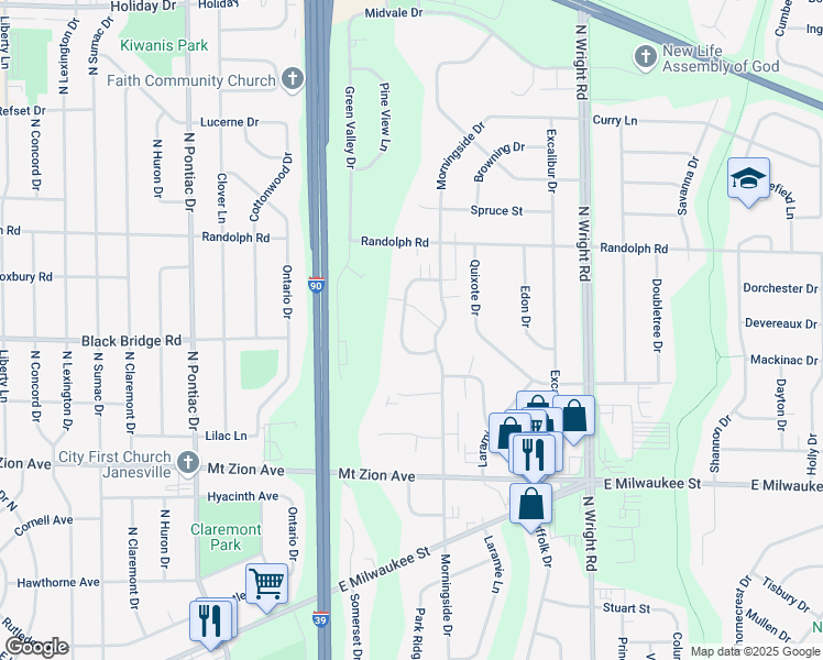 map of restaurants, bars, coffee shops, grocery stores, and more near 1700 Green Forest Run in Janesville