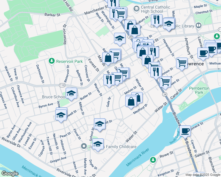 map of restaurants, bars, coffee shops, grocery stores, and more near in Lawrence