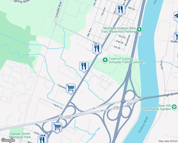 map of restaurants, bars, coffee shops, grocery stores, and more near 586 Broadway in Menands