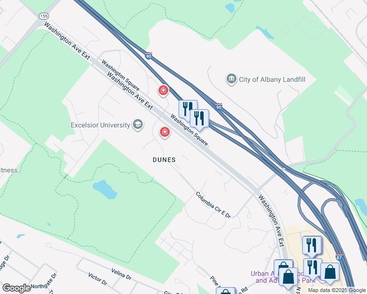 map of restaurants, bars, coffee shops, grocery stores, and more near 240 Washington Avenue Extension in Albany