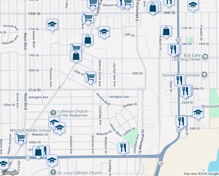 map of restaurants, bars, coffee shops, grocery stores, and more near 2029 Case Avenue in Racine