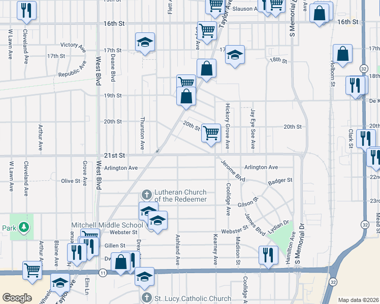 map of restaurants, bars, coffee shops, grocery stores, and more near 2420 Jerome Boulevard in Racine