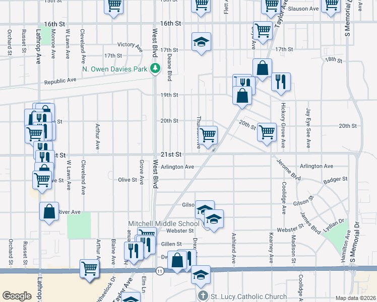 map of restaurants, bars, coffee shops, grocery stores, and more near 2044 Thurston Avenue in Racine
