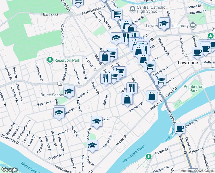 map of restaurants, bars, coffee shops, grocery stores, and more near in Lawrence