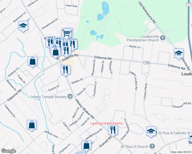 map of restaurants, bars, coffee shops, grocery stores, and more near Shaker Drive & Frantone Lane in Albany