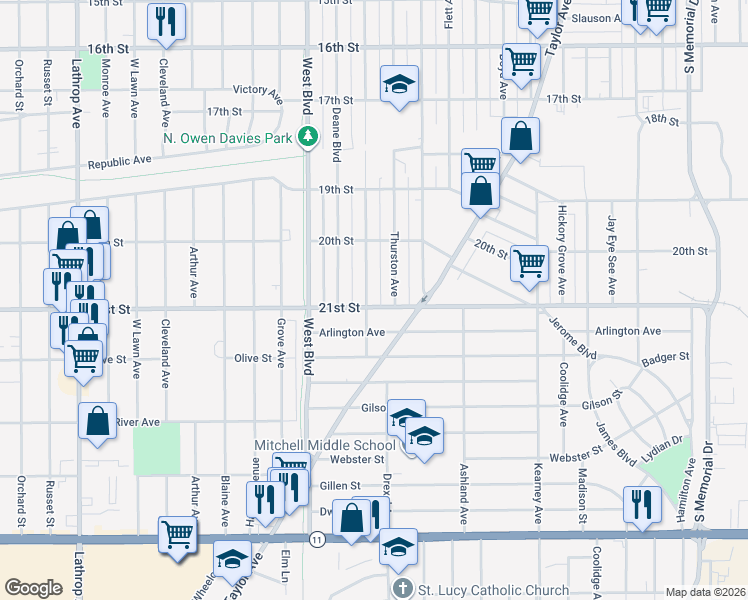 map of restaurants, bars, coffee shops, grocery stores, and more near 2044 Thurston Avenue in Racine