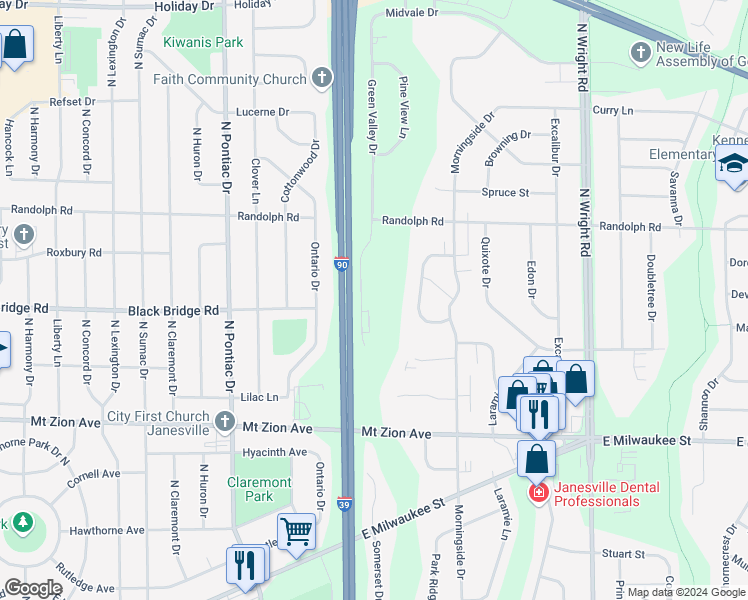 map of restaurants, bars, coffee shops, grocery stores, and more near 1716 Green Valley Drive in Janesville