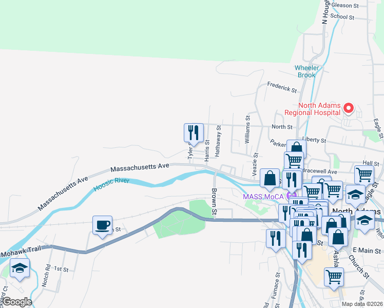 map of restaurants, bars, coffee shops, grocery stores, and more near 42 Tyler Street in North Adams