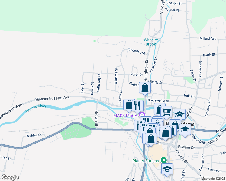 map of restaurants, bars, coffee shops, grocery stores, and more near School Street in North Adams