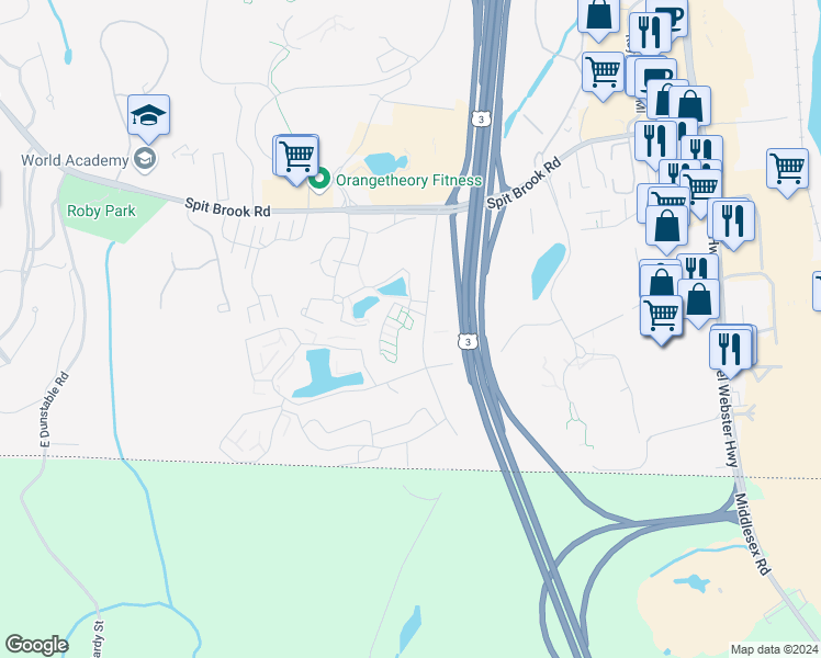 map of restaurants, bars, coffee shops, grocery stores, and more near 333 Brook Village Road in Nashua