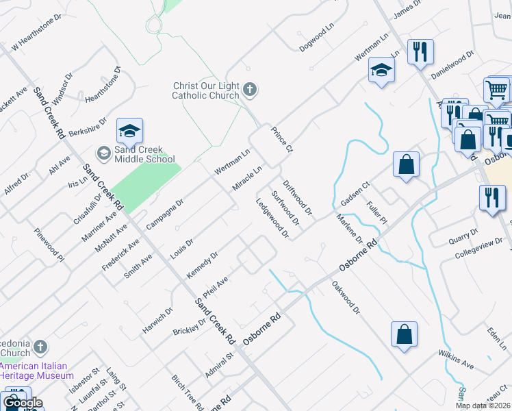 map of restaurants, bars, coffee shops, grocery stores, and more near 19 Ledgewood Drive in Albany