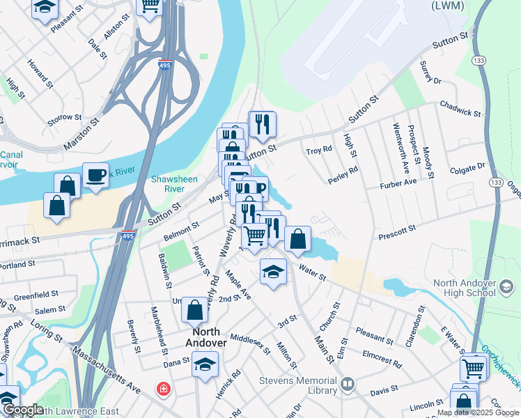 map of restaurants, bars, coffee shops, grocery stores, and more near 38 Saunders Street in North Andover