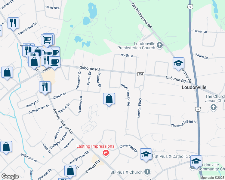 map of restaurants, bars, coffee shops, grocery stores, and more near 9 Maple Lane South in Albany