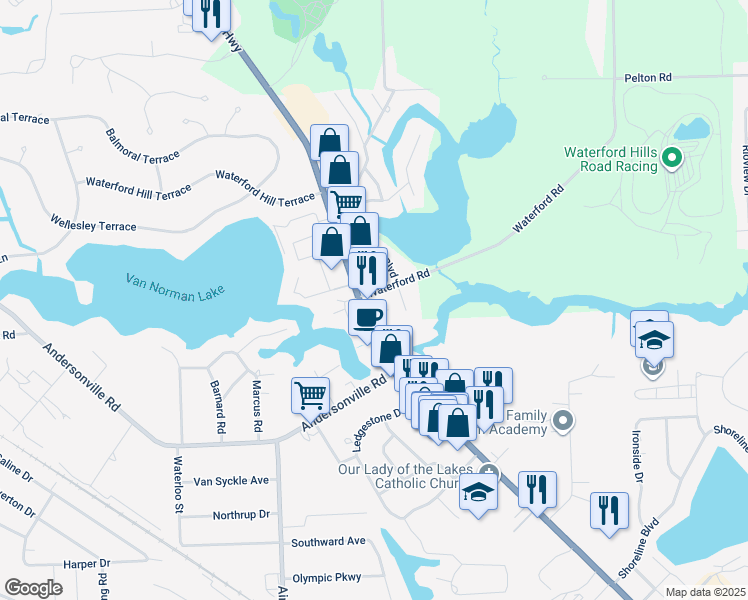 map of restaurants, bars, coffee shops, grocery stores, and more near 4569 Waterford Road in Clarkston