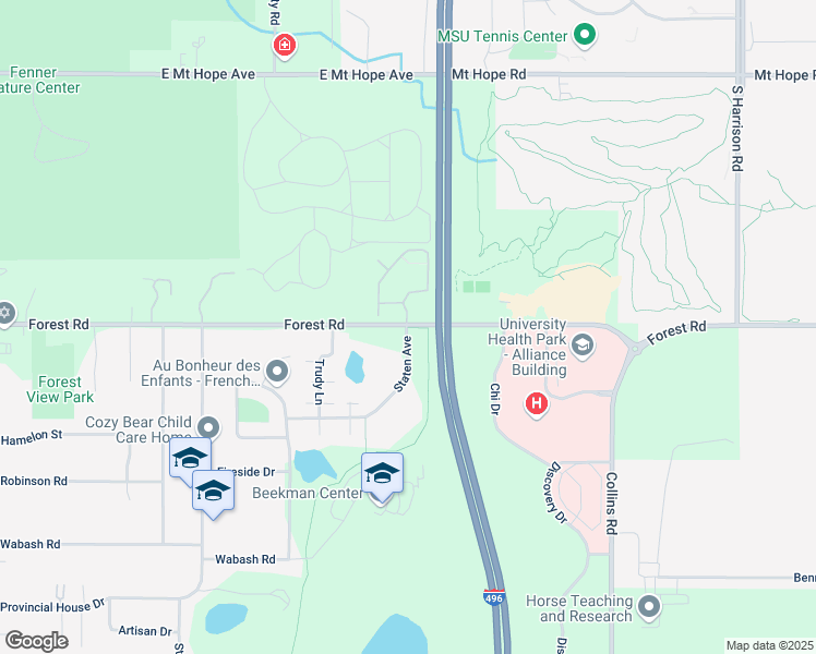 map of restaurants, bars, coffee shops, grocery stores, and more near 3205 Forest Road in Lansing