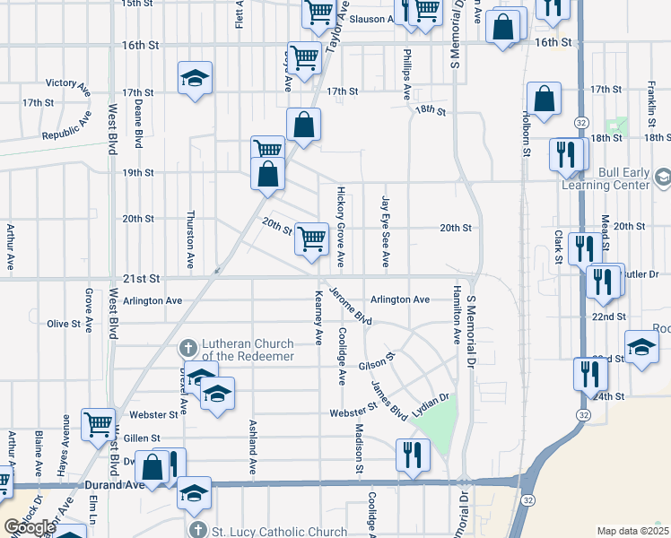 map of restaurants, bars, coffee shops, grocery stores, and more near 2028 Hickory Grove Avenue in Racine