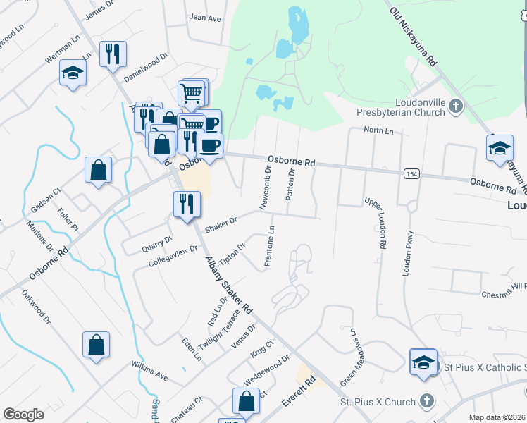 map of restaurants, bars, coffee shops, grocery stores, and more near 19 Shaker Drive in Albany