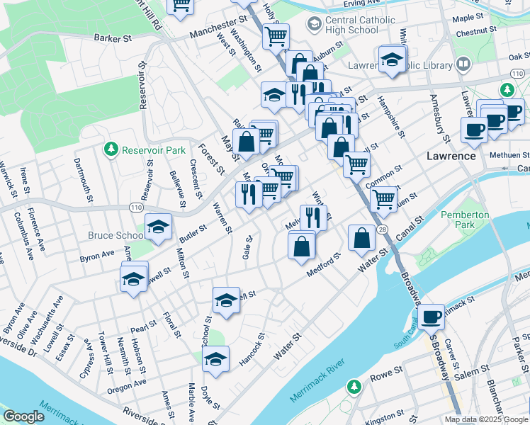 map of restaurants, bars, coffee shops, grocery stores, and more near Lowell St & Margin St in Lawrence
