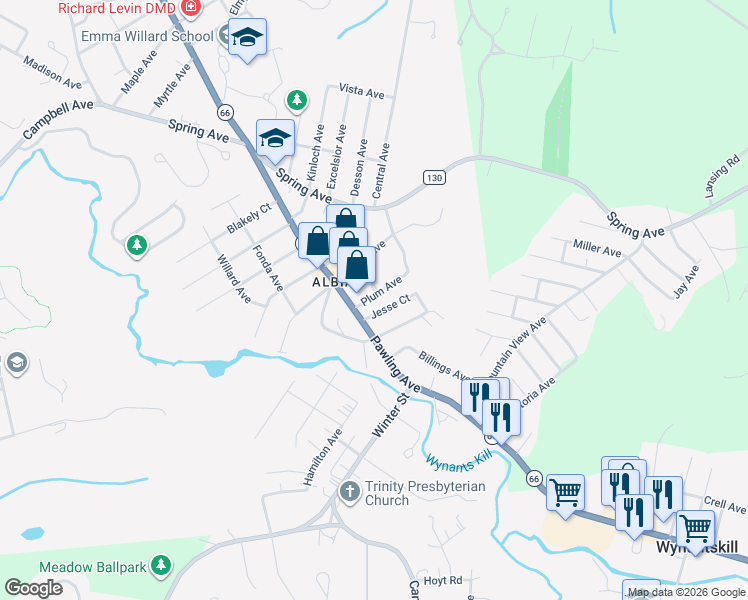 map of restaurants, bars, coffee shops, grocery stores, and more near 4 Plum Avenue in Troy