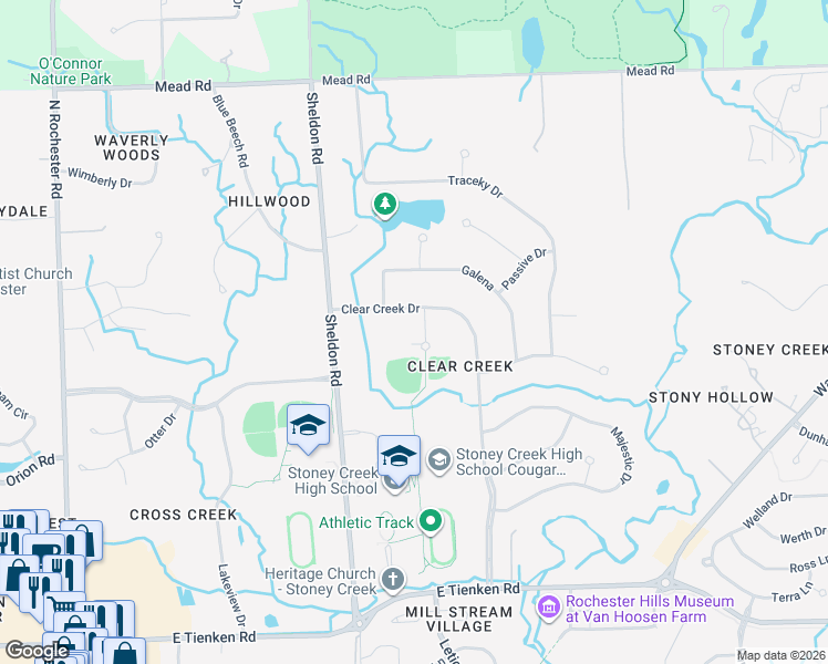 map of restaurants, bars, coffee shops, grocery stores, and more near 1484 Clear Creek Drive in Rochester Hills