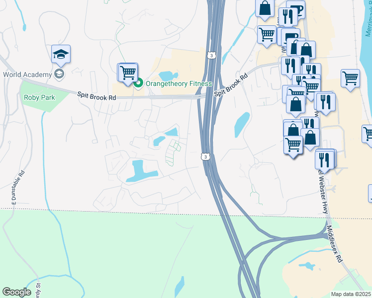 map of restaurants, bars, coffee shops, grocery stores, and more near 335 Brook Village Road in Nashua