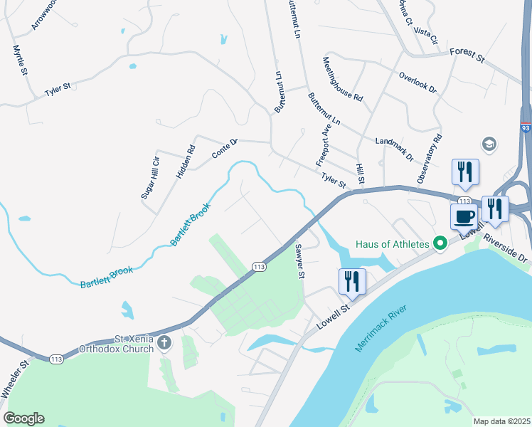 map of restaurants, bars, coffee shops, grocery stores, and more near 9 Appaloosa Drive in Methuen