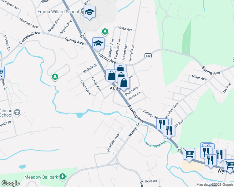 map of restaurants, bars, coffee shops, grocery stores, and more near 99 Ford Avenue in Troy