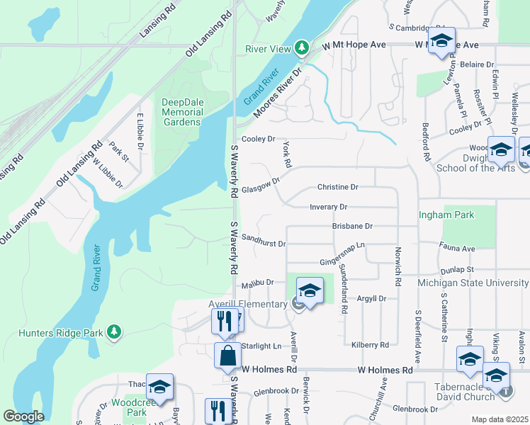 map of restaurants, bars, coffee shops, grocery stores, and more near 3721 Glasgow Drive in Lansing