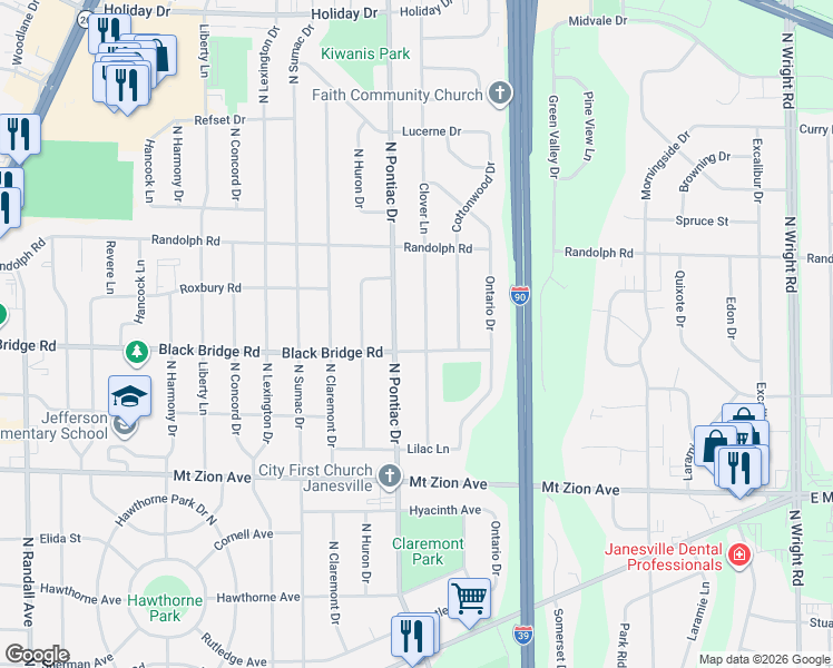 map of restaurants, bars, coffee shops, grocery stores, and more near 1726 Clover Lane in Janesville